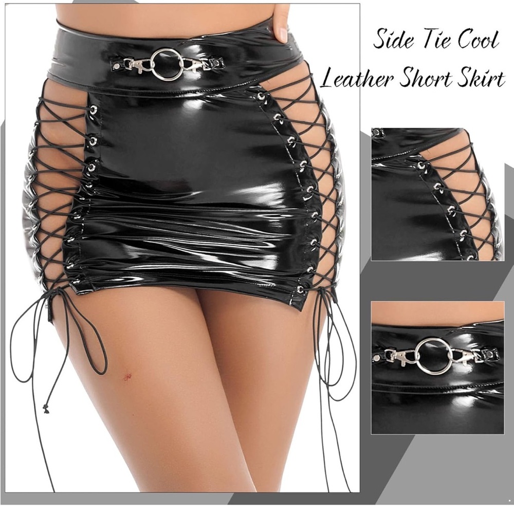 Black Leather Short Skirt with Side Tie